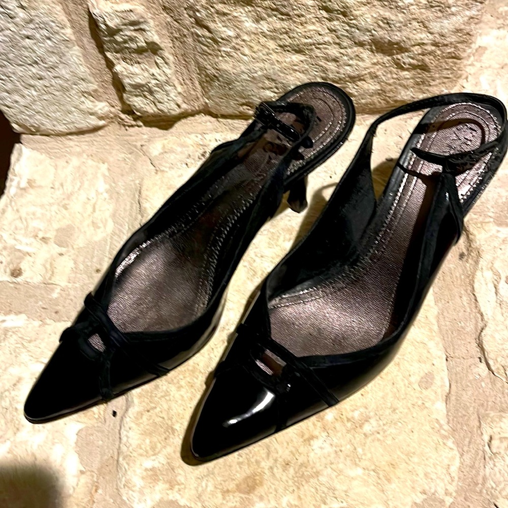 Franco Sarto Black sling back 3” heels. Size 9.5